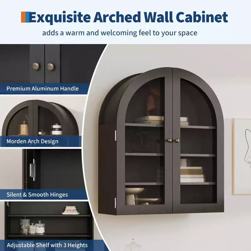 Arched Wall Cabinet, Small Wall-Mounted Bathroom Medicine Cabinet with Doors & Adjustable Shelves, Space-Saving Storage Organizer for Kitchens
