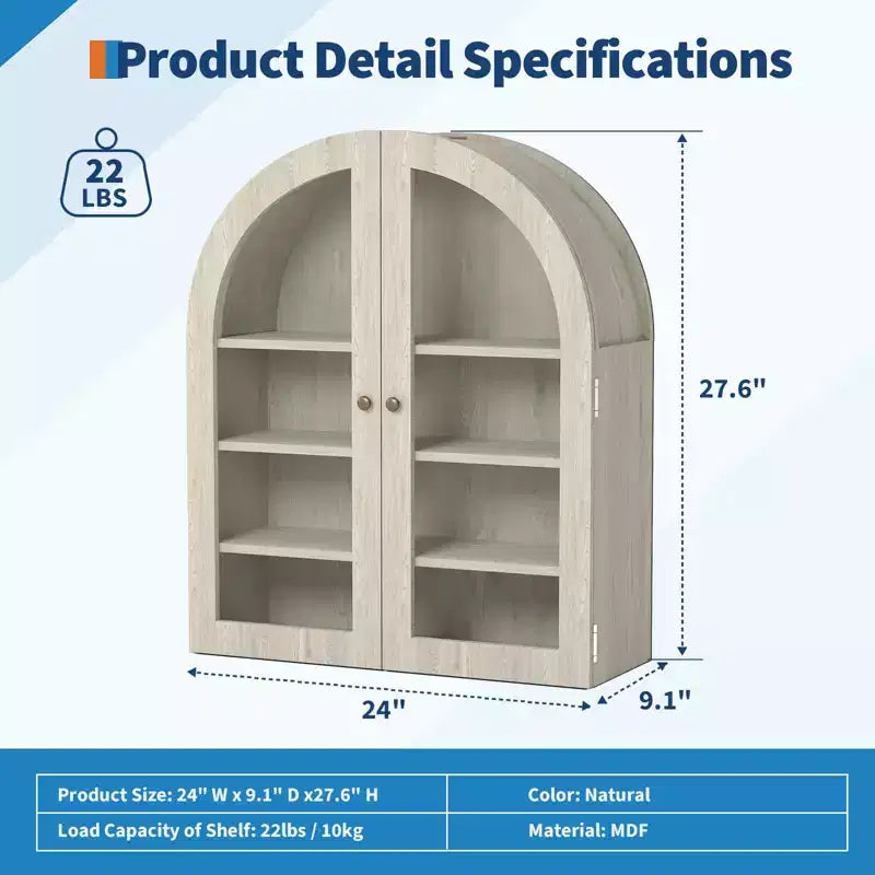 Arched Wall Cabinet, Small Wall-Mounted Bathroom Medicine Cabinet with Doors & Adjustable Shelves, Space-Saving Storage Organizer for Kitchens