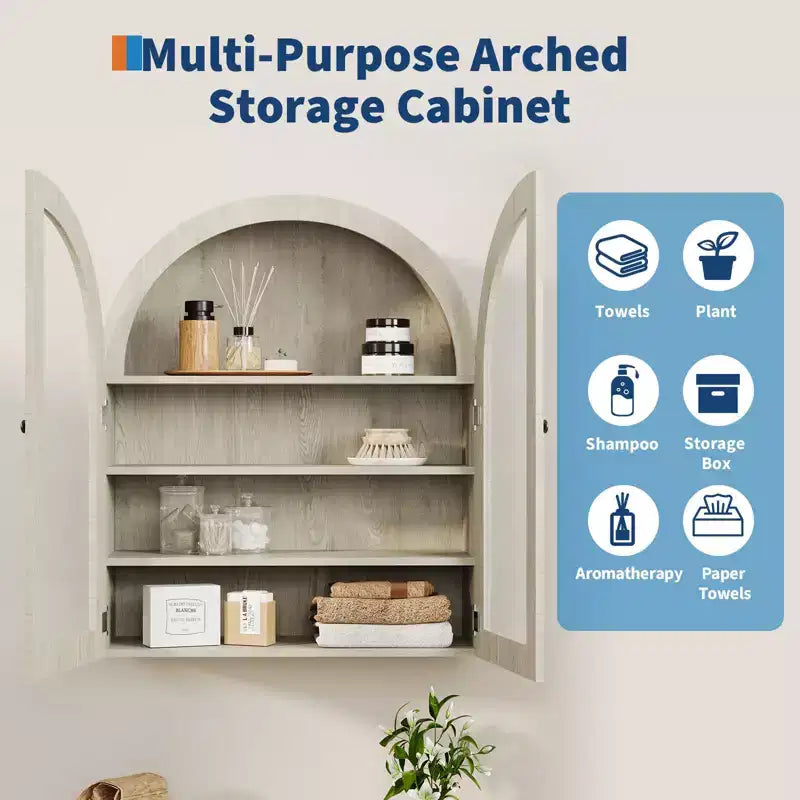 Arched Wall Cabinet, Small Wall-Mounted Bathroom Medicine Cabinet with Doors & Adjustable Shelves, Space-Saving Storage Organizer for Kitchens