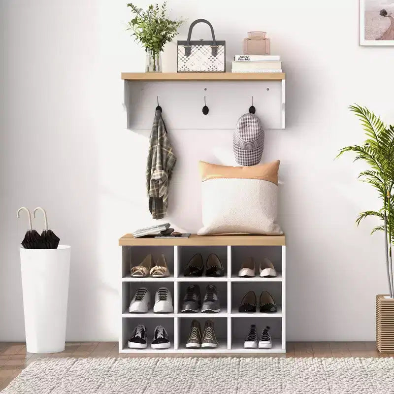 MAYEERTY Hall Tree with 9 Pair Shoe Storage 2 in 1 Coat Rack Shoe Bench Set for Modern Entryway Hallway White