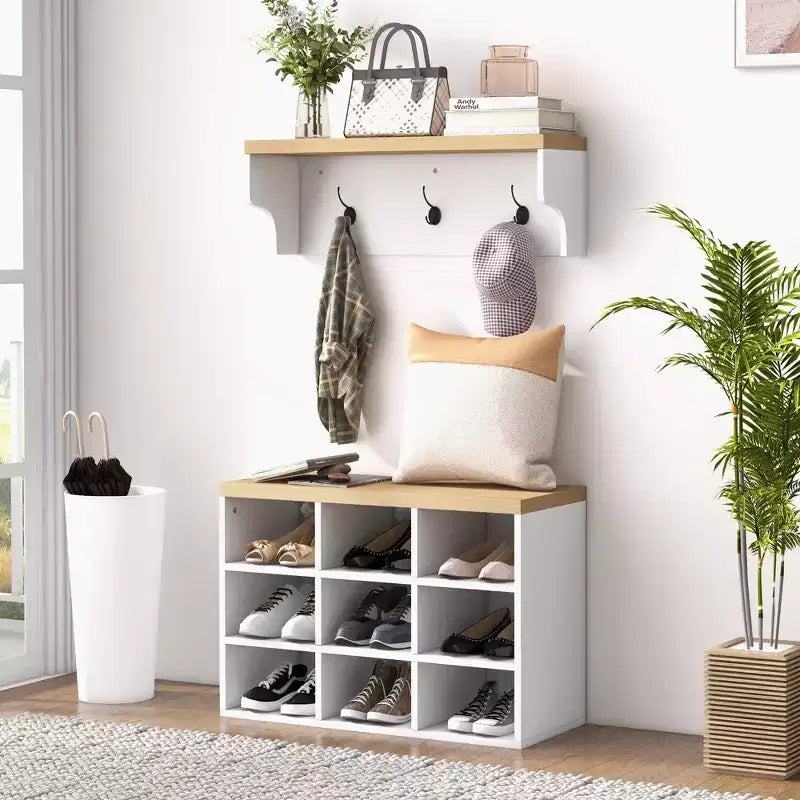 Hall Tree with 9 Pair Shoe Storage 2 in 1 Coat Rack Shoe Bench Set for Modern Entryway Hallway White