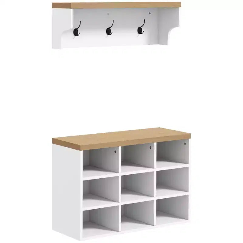 Hall Tree with 9 Pair Shoe Storage 2 in 1 Coat Rack Shoe Bench Set for Modern Entryway Hallway White