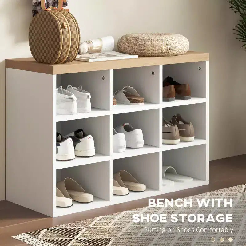 Hall Tree with 9 Pair Shoe Storage 2 in 1 Coat Rack Shoe Bench Set for Modern Entryway Hallway White