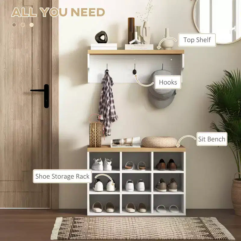 Hall Tree with 9 Pair Shoe Storage 2 in 1 Coat Rack Shoe Bench Set for Modern Entryway Hallway White