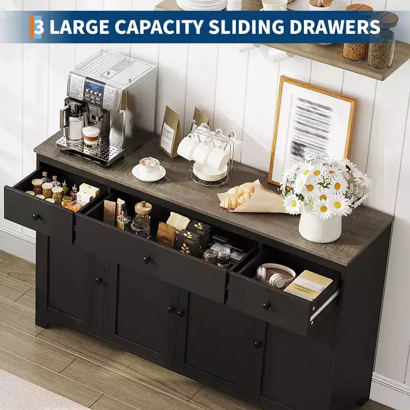 1 Particleboard Sideboard 15Mm E1 4-Door 3-Drawer Dining Cabinet with Durable Construction, Spacious Storage, Stylish Design, Easy Assembly
