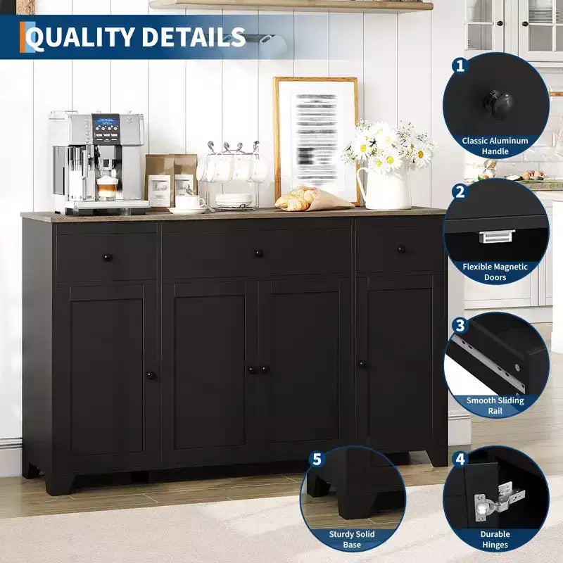 1 Particleboard Sideboard 15Mm E1 4-Door 3-Drawer Dining Cabinet with Durable Construction, Spacious Storage, Stylish Design, Easy Assembly
