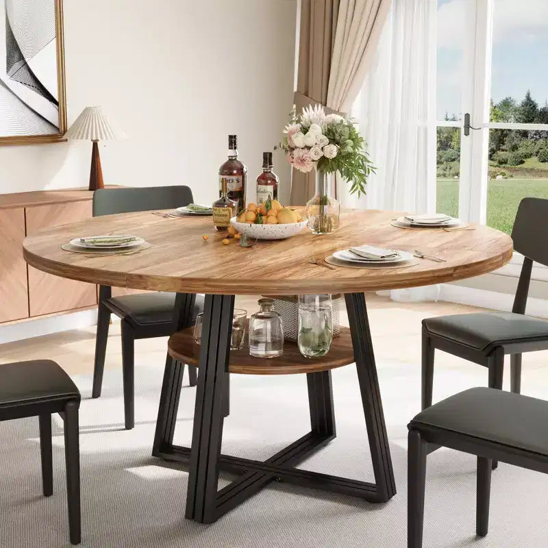 Iron and MDF Round Dining Table with Square Iron Legs - Durable, Stylish, Space-Saving, Easy to Clean, Modern Design