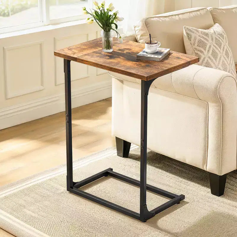 C-Shaped Side Table, Rustic Design, Metal Frame, Large Surface Couch Table for Living Room, Bedroom, Home Office