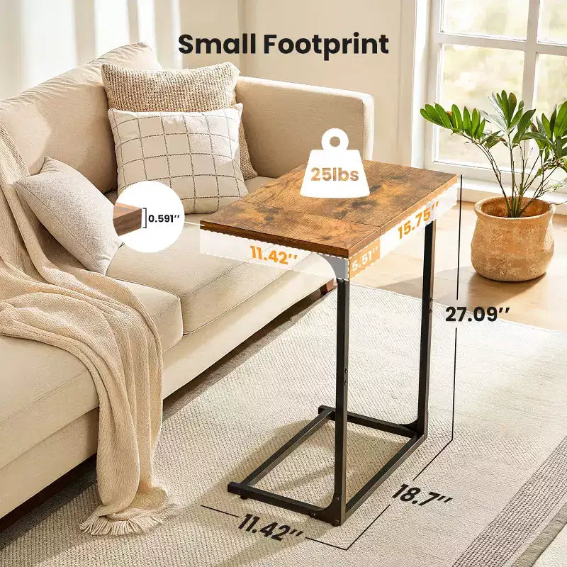 C-Shaped Side Table, Rustic Design, Metal Frame, Large Surface Couch Table for Living Room, Bedroom, Home Office