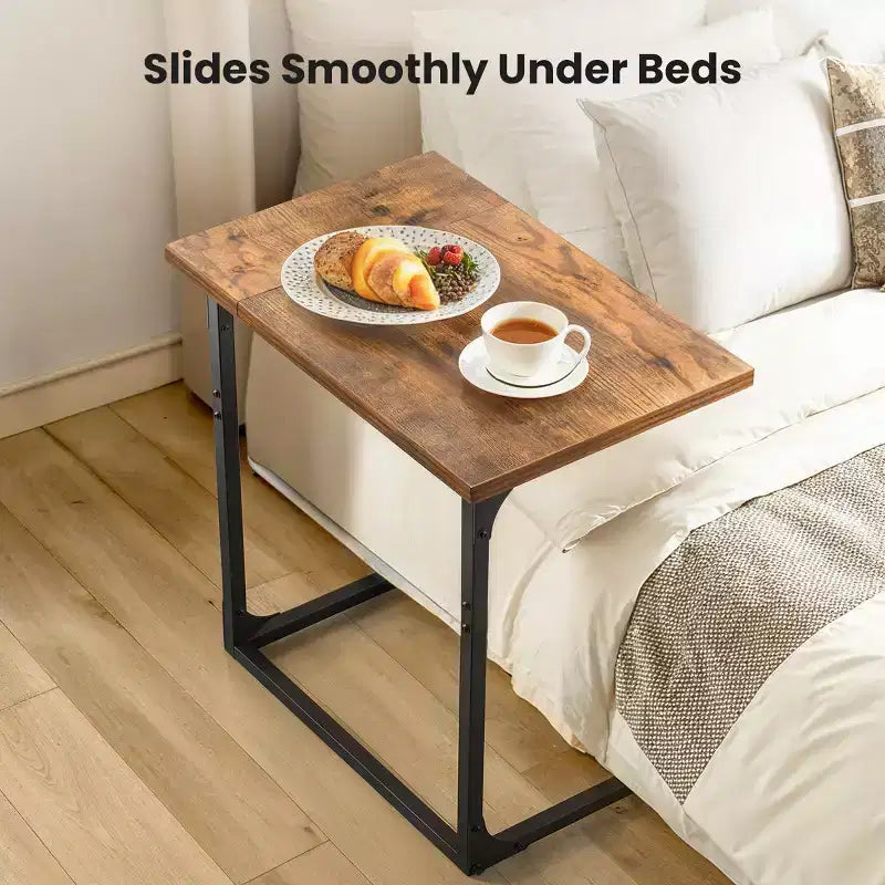 C-Shaped Side Table, Rustic Design, Metal Frame, Large Surface Couch Table for Living Room, Bedroom, Home Office