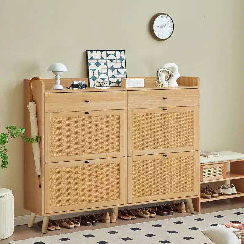 Rattan Shoe Cabinet Storage, Large Shoe Cabinet Freestanding Organizer with Wood Legs and 4 Flip Drawers