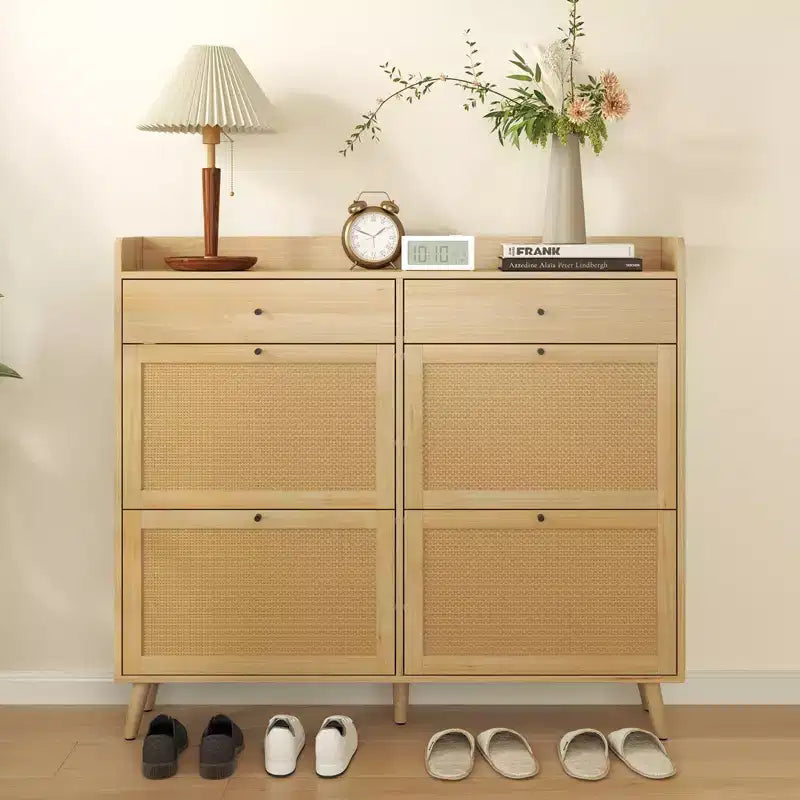 Rattan Shoe Cabinet Storage, Large Shoe Cabinet Freestanding Organizer with Wood Legs and 4 Flip Drawers