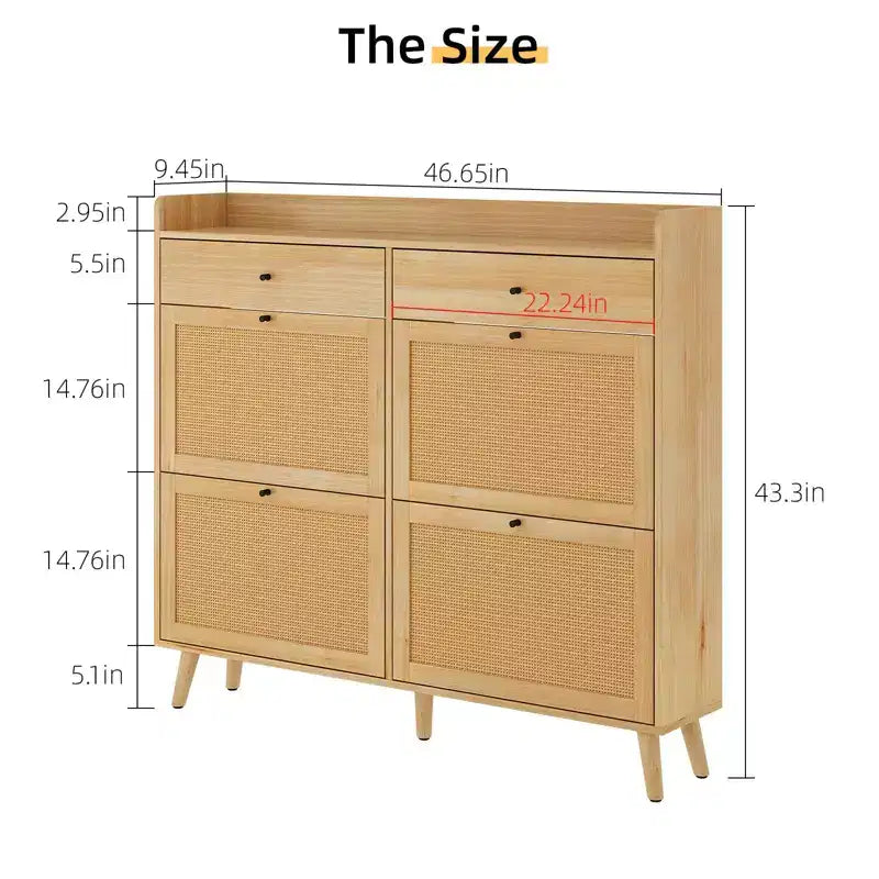 Rattan Shoe Cabinet Storage, Large Shoe Cabinet Freestanding Organizer with Wood Legs and 4 Flip Drawers