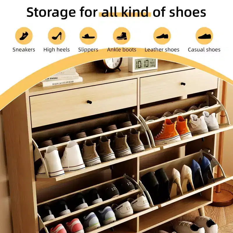 Rattan Shoe Cabinet Storage, Large Shoe Cabinet Freestanding Organizer with Wood Legs and 4 Flip Drawers