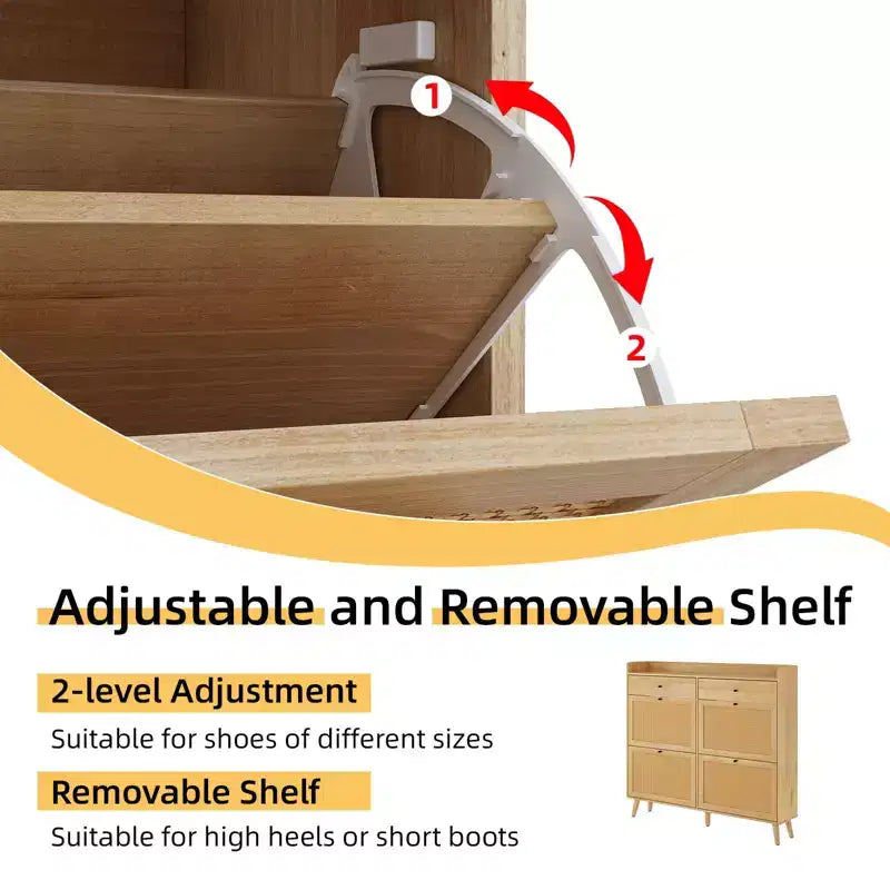 Rattan Shoe Cabinet Storage, Large Shoe Cabinet Freestanding Organizer with Wood Legs and 4 Flip Drawers