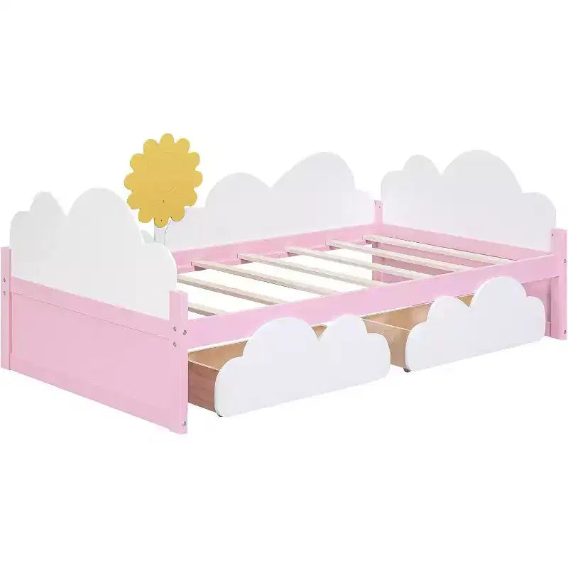 Acekool Kids Twin Platform Bed Frame with Clouds & Sunflower Decor, 2 Storage Drawers, Wood Slats, Fairytale Design, White