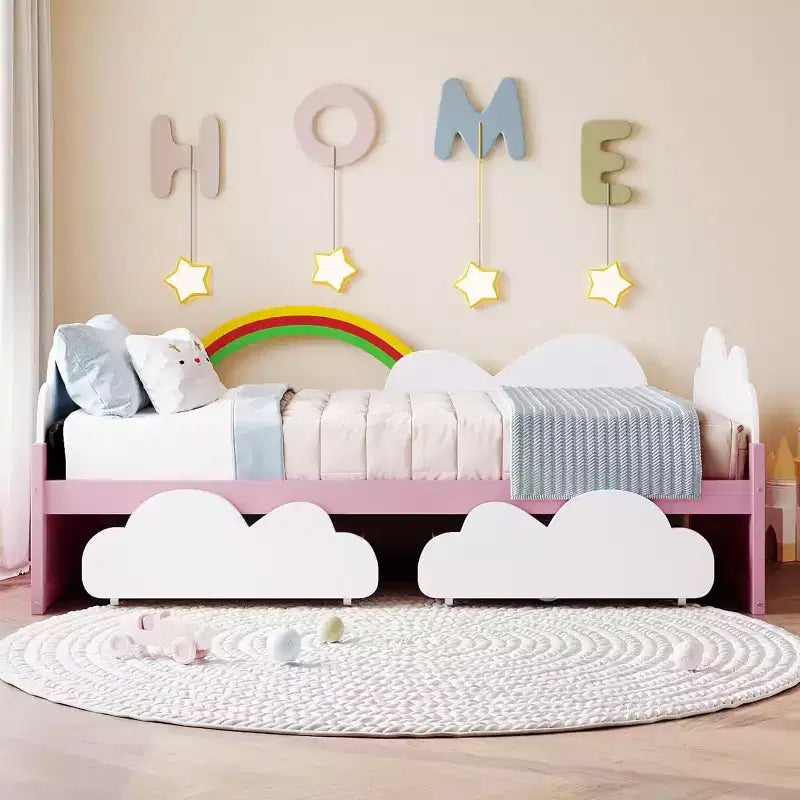 Kids Twin Platform Bed Frame with Clouds & Sunflower Decor, 2 Storage Drawers, Wood Slats, Fairytale Design, White