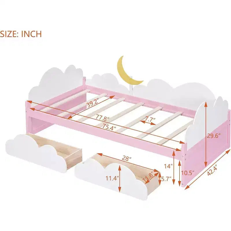 Kids Twin Platform Bed Frame with Clouds & Sunflower Decor, 2 Storage Drawers, Wood Slats, Fairytale Design, White