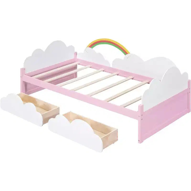 Kids Twin Platform Bed Frame with Clouds & Sunflower Decor, 2 Storage Drawers, Wood Slats, Fairytale Design, White