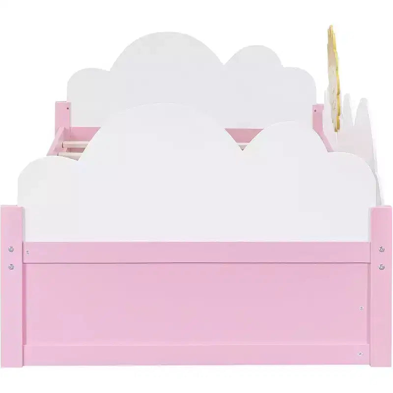 Kids Twin Platform Bed Frame with Clouds & Sunflower Decor, 2 Storage Drawers, Wood Slats, Fairytale Design, White