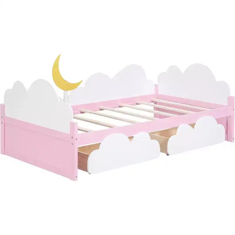 Cadre de lit plateforme double pour enfants avec décor de nuages et tournesols, 2 tiroirs de rangement, lattes en bois, design féerique, blanc