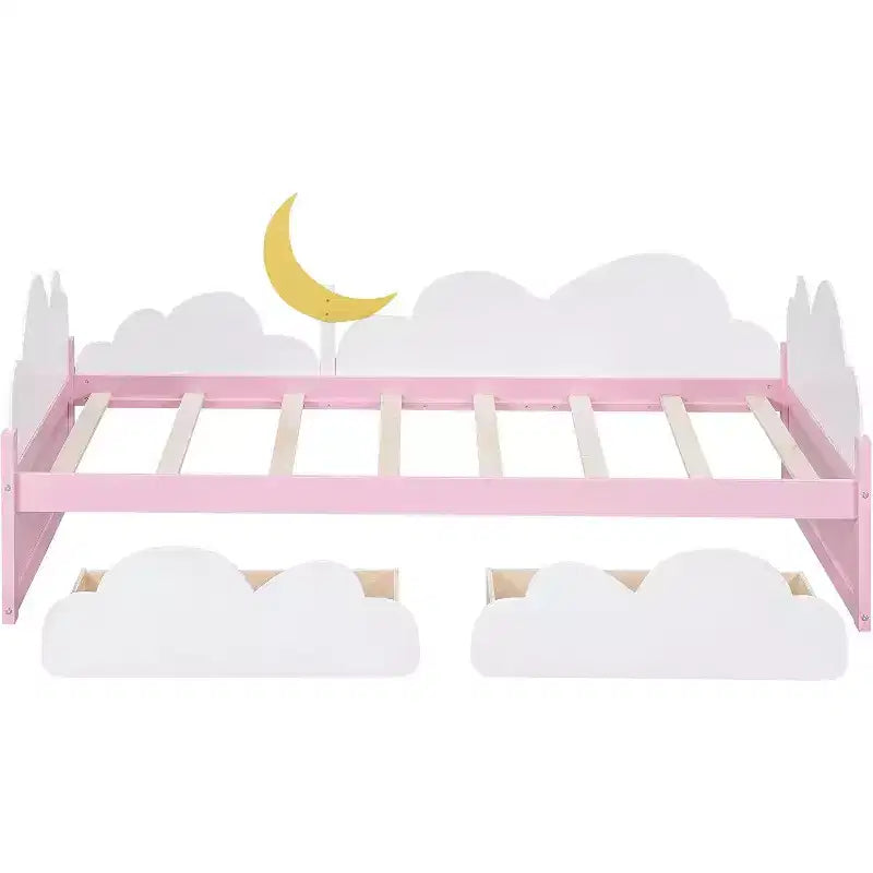 Cadre de lit plateforme double pour enfants avec décor de nuages et tournesols, 2 tiroirs de rangement, lattes en bois, design féerique, blanc