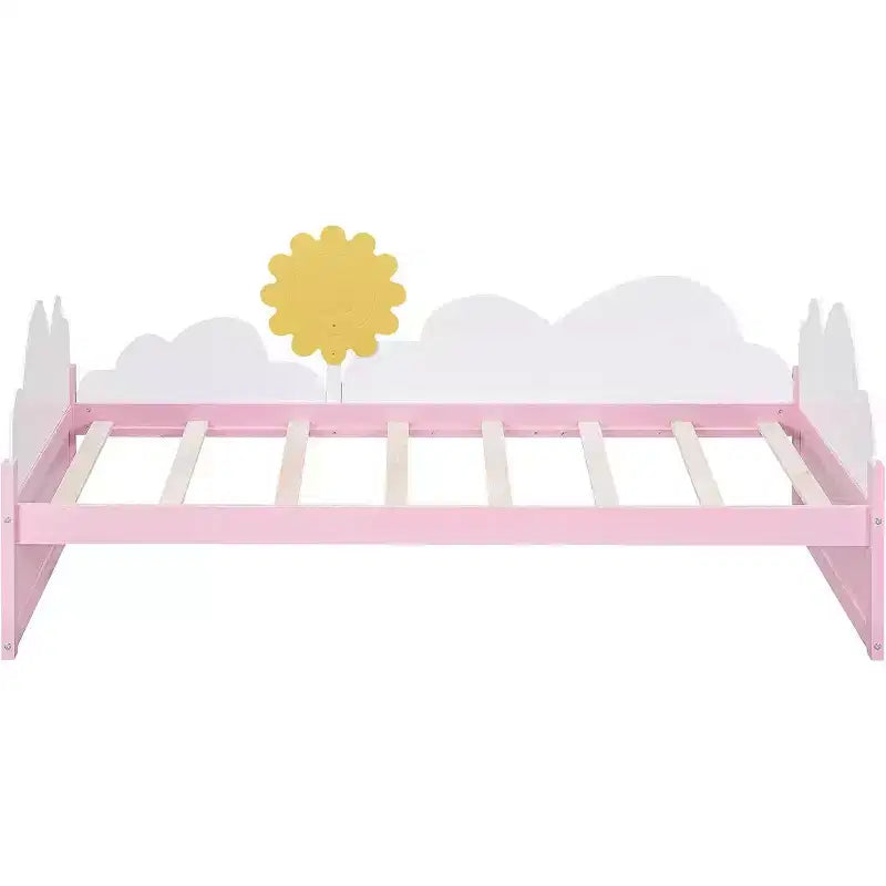 Cadre de lit plateforme double pour enfants avec décor de nuages et tournesols, 2 tiroirs de rangement, lattes en bois, design féerique, blanc