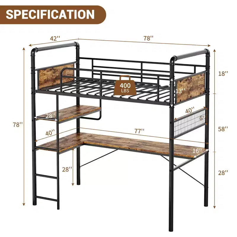 Loft Bed Twin Size with L-Shaped Desk, Twin Metal Loft Bed with Storage Shelves & Safety Guardrail & Ladder, No Box Spring Needed
