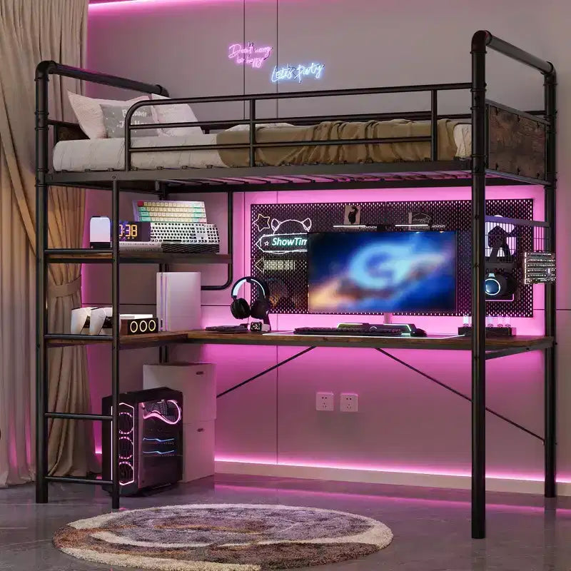 Loft Bed Twin Size with L-Shaped Desk, Twin Metal Loft Bed with Storage Shelves & Safety Guardrail & Ladder, No Box Spring Needed