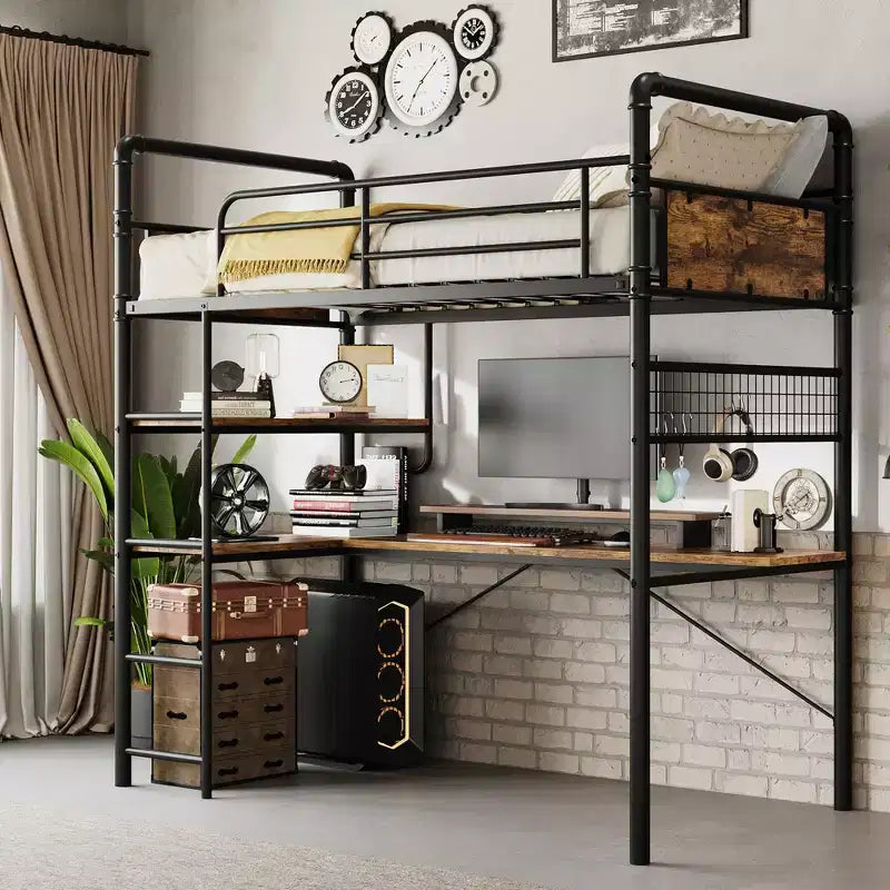 Loft Bed Twin Size with L-Shaped Desk, Twin Metal Loft Bed with Storage Shelves & Safety Guardrail & Ladder, No Box Spring Needed