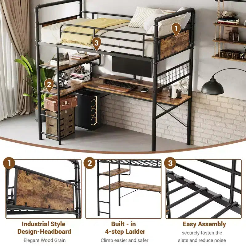 Loft Bed Twin Size with L-Shaped Desk, Twin Metal Loft Bed with Storage Shelves & Safety Guardrail & Ladder, No Box Spring Needed