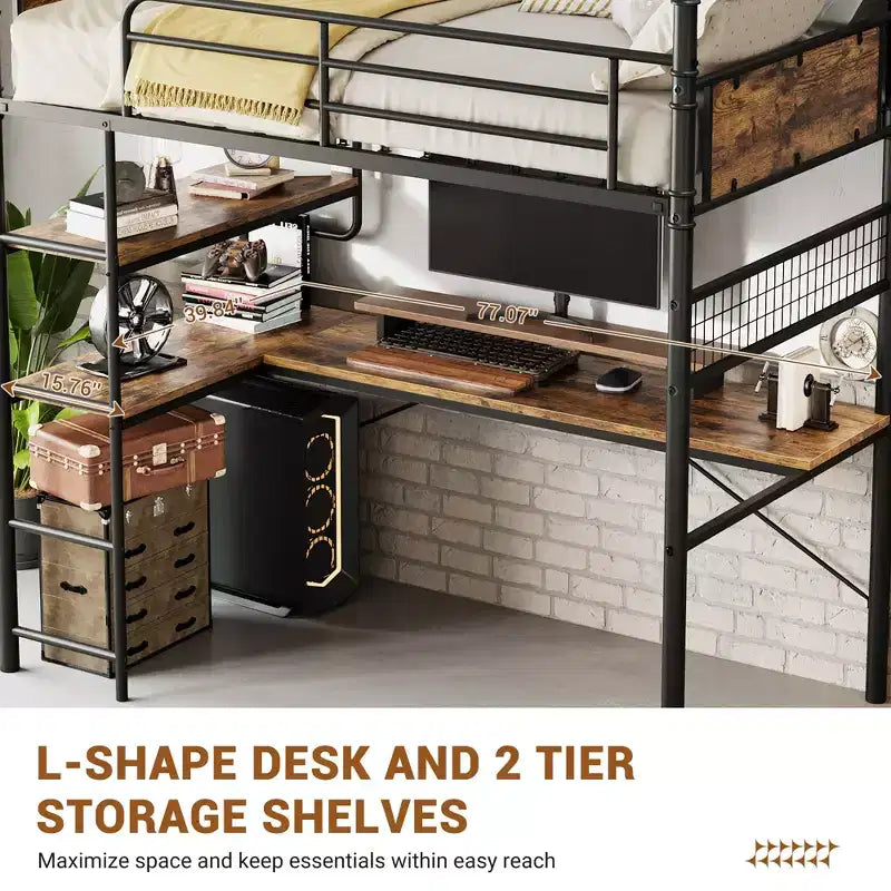 Loft Bed Twin Size with L-Shaped Desk, Twin Metal Loft Bed with Storage Shelves & Safety Guardrail & Ladder, No Box Spring Needed