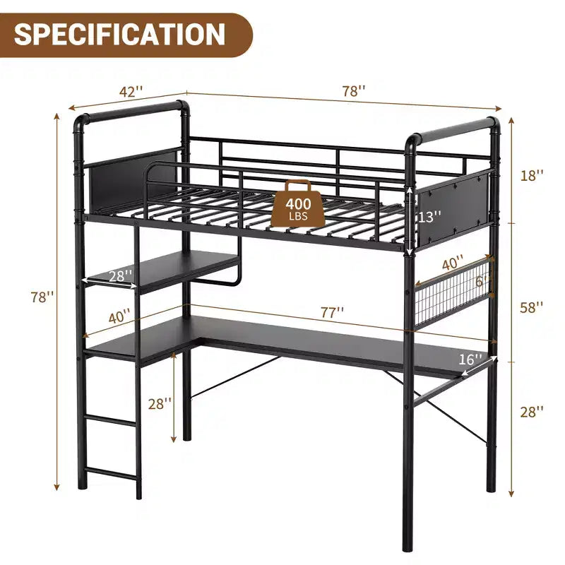 Loft Bed Twin Size with L-Shaped Desk, Twin Metal Loft Bed with Storage Shelves & Safety Guardrail & Ladder, No Box Spring Needed