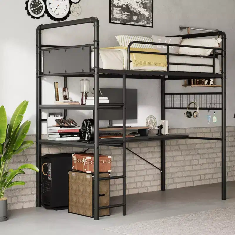 Loft Bed Twin Size with L-Shaped Desk, Twin Metal Loft Bed with Storage Shelves & Safety Guardrail & Ladder, No Box Spring Needed