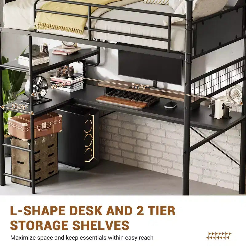 Loft Bed Twin Size with L-Shaped Desk, Twin Metal Loft Bed with Storage Shelves & Safety Guardrail & Ladder, No Box Spring Needed