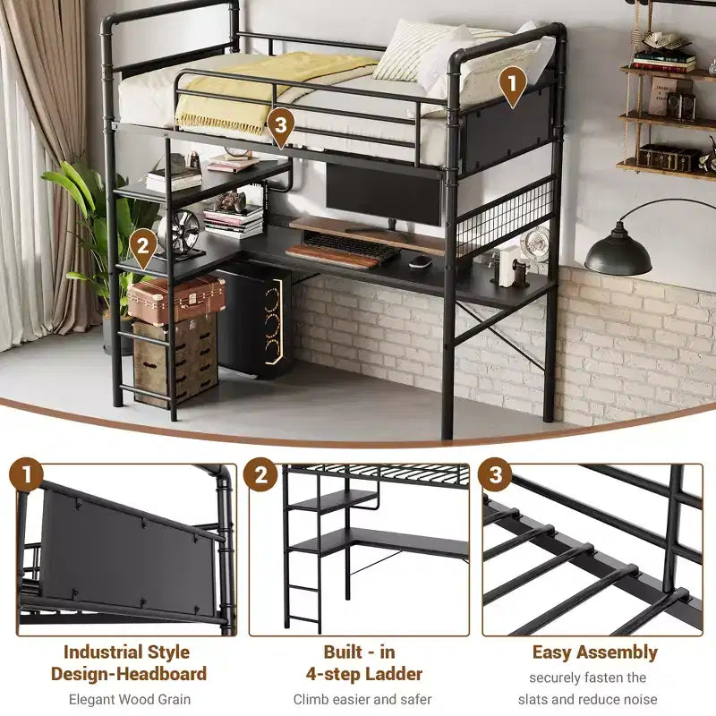 Loft Bed Twin Size with L-Shaped Desk, Twin Metal Loft Bed with Storage Shelves & Safety Guardrail & Ladder, No Box Spring Needed