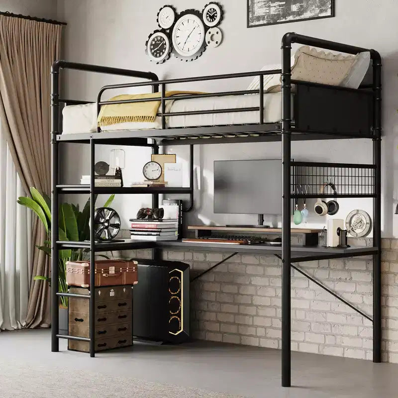 Loft Bed Twin Size with L-Shaped Desk, Twin Metal Loft Bed with Storage Shelves & Safety Guardrail & Ladder, No Box Spring Needed