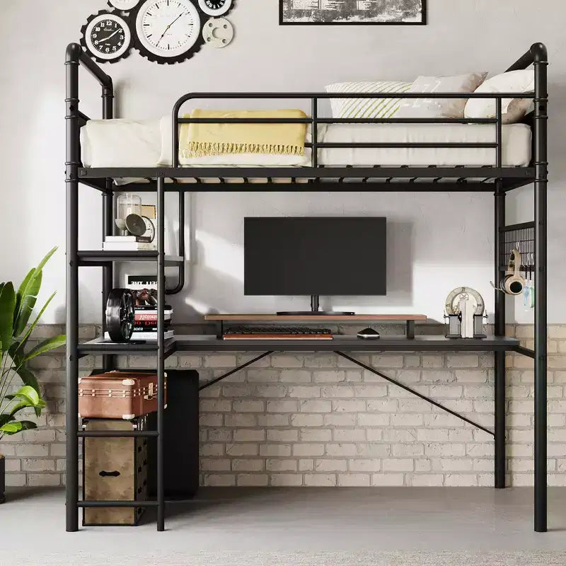 Loft Bed Twin Size with L-Shaped Desk, Twin Metal Loft Bed with Storage Shelves & Safety Guardrail & Ladder, No Box Spring Needed