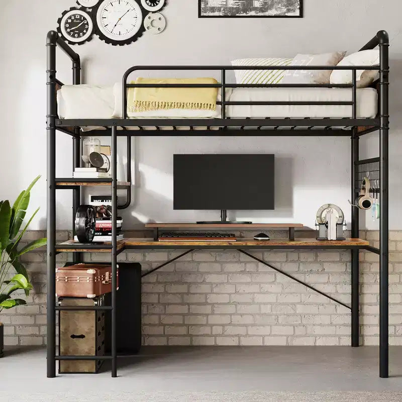 Loft Bed Twin Size with L-Shaped Desk, Twin Metal Loft Bed with Storage Shelves & Safety Guardrail & Ladder, No Box Spring Needed