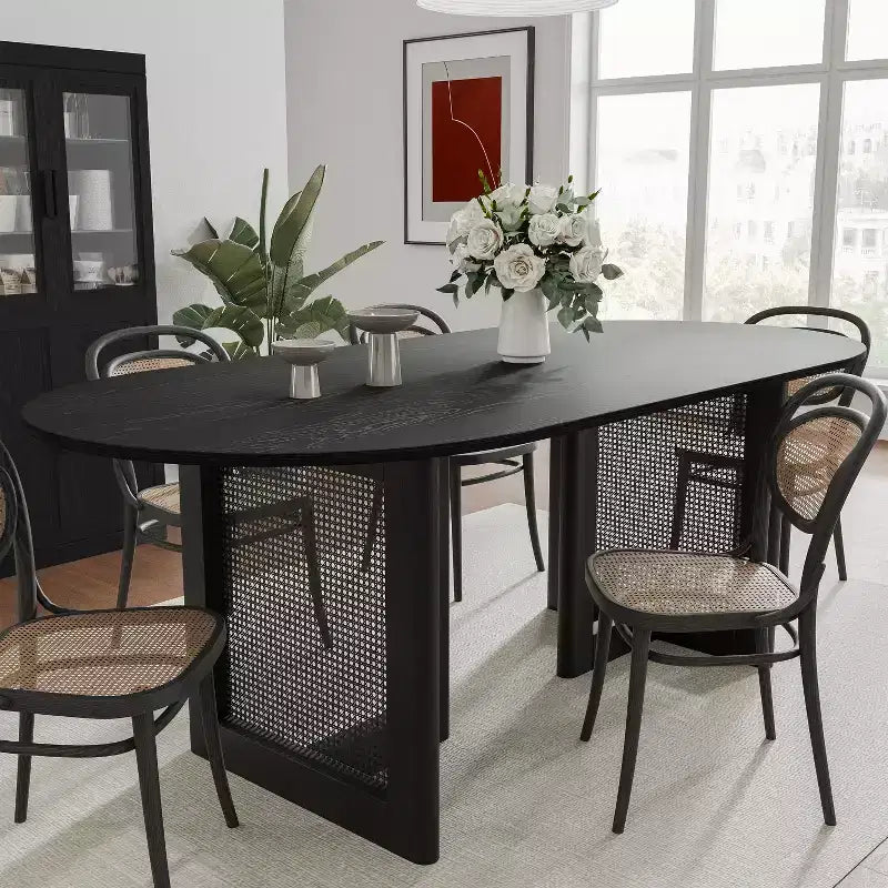 PexFix 67 x 33.5 Modern Farmhouse Kitchen Dining Room Table Furniture Oval Black Kitchen Table with Rattan Woven Legs for Kitchen Bar Living Room
