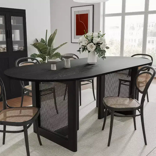 PexFix 67 x 33.5 Modern Farmhouse Kitchen Dining Room Table Furniture Oval Black Kitchen Table with Rattan Woven Legs for Kitchen Bar Living Room