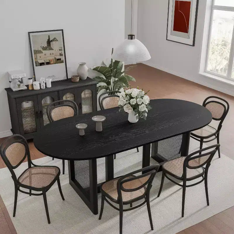 67 x 33.5 Modern Farmhouse Kitchen Dining Room Table Furniture Oval Black Kitchen Table with Rattan Woven Legs for Kitchen Bar Living Room