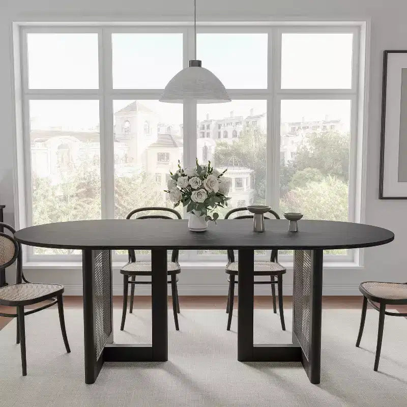 67 x 33.5 Modern Farmhouse Kitchen Dining Room Table Furniture Oval Black Kitchen Table with Rattan Woven Legs for Kitchen Bar Living Room