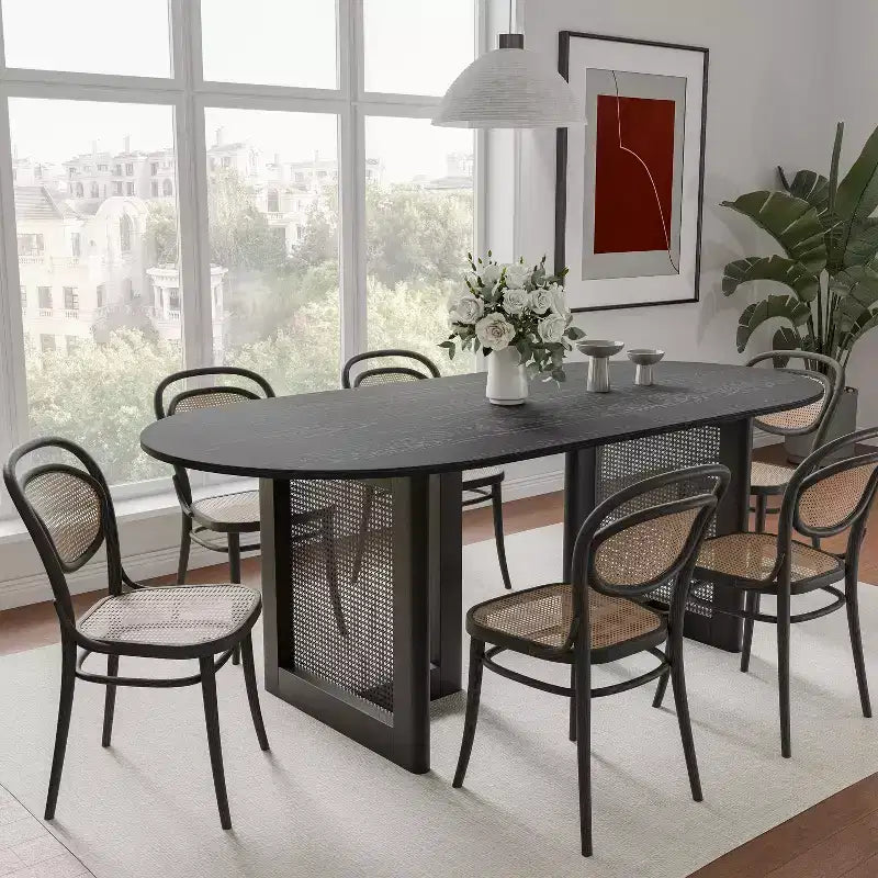 67 x 33.5 Modern Farmhouse Kitchen Dining Room Table Furniture Oval Black Kitchen Table with Rattan Woven Legs for Kitchen Bar Living Room