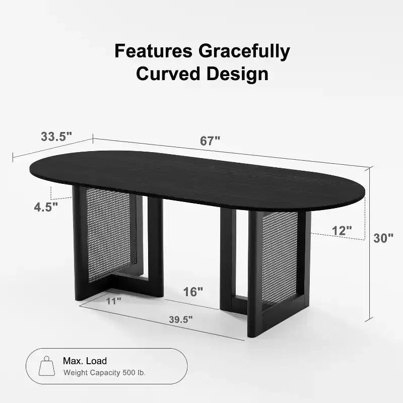 Table de salle à manger ovale 67 x 33,5 en mobilier de cuisine moderne de style ferme, table de cuisine noire avec pieds tressés en rotin pour cuisine, bar, salon