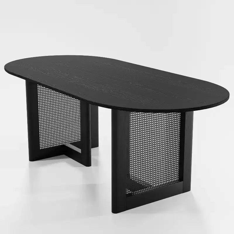 Table de salle à manger ovale 67 x 33,5 en mobilier de cuisine moderne de style ferme, table de cuisine noire avec pieds tressés en rotin pour cuisine, bar, salon