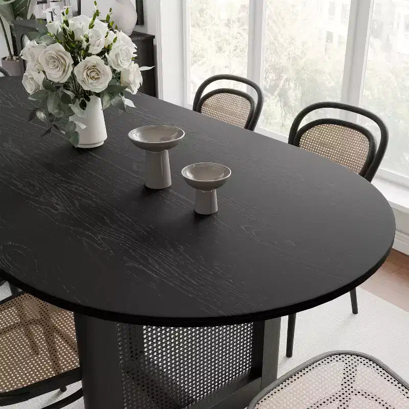 Table de salle à manger ovale 67 x 33,5 en mobilier de cuisine moderne de style ferme, table de cuisine noire avec pieds tressés en rotin pour cuisine, bar, salon