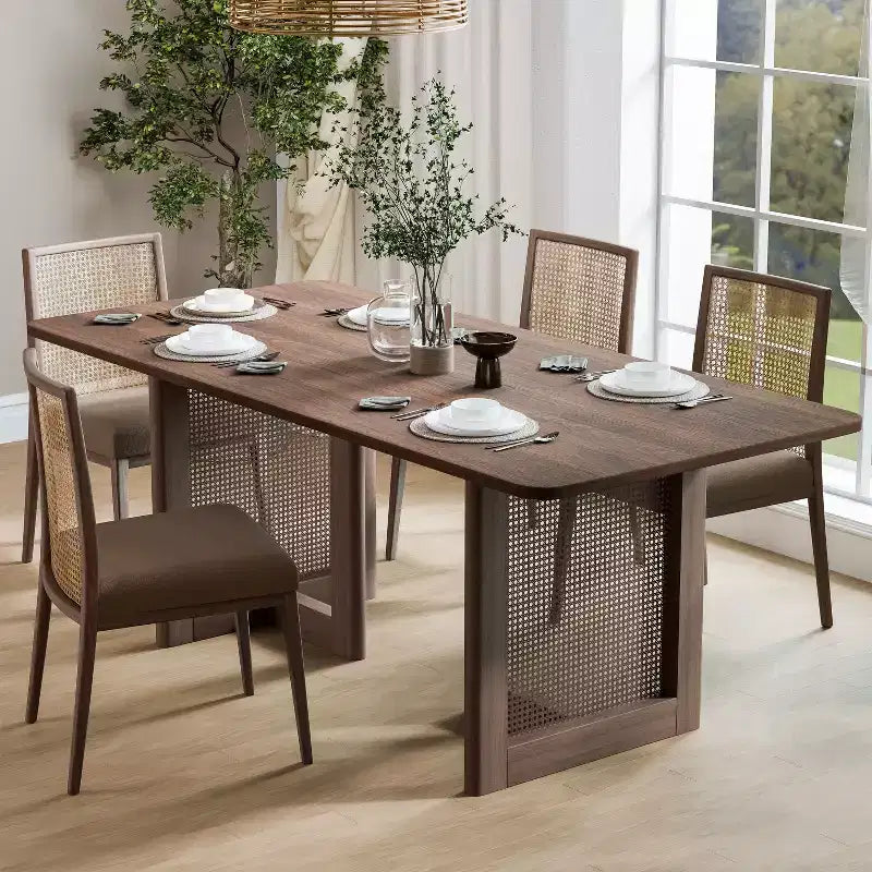 PexFix 67 x 33.5 Farmhouse Kitchen Dining Room Table Furniture Square Walnut Kitchen Table with Rattan Woven Legs for Kitchen Bar Living Room