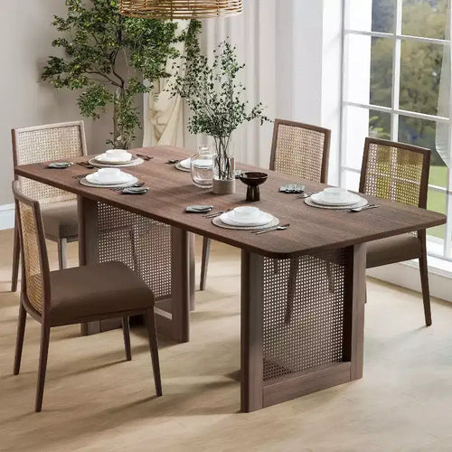 PexFix 67 x 33.5 Farmhouse Kitchen Dining Room Table Furniture Square Walnut Kitchen Table with Rattan Woven Legs for Kitchen Bar Living Room