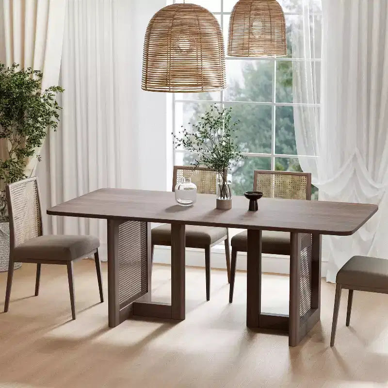 67 x 33.5 Farmhouse Kitchen Dining Room Table Furniture Square Walnut Kitchen Table with Rattan Woven Legs for Kitchen Bar Living Room